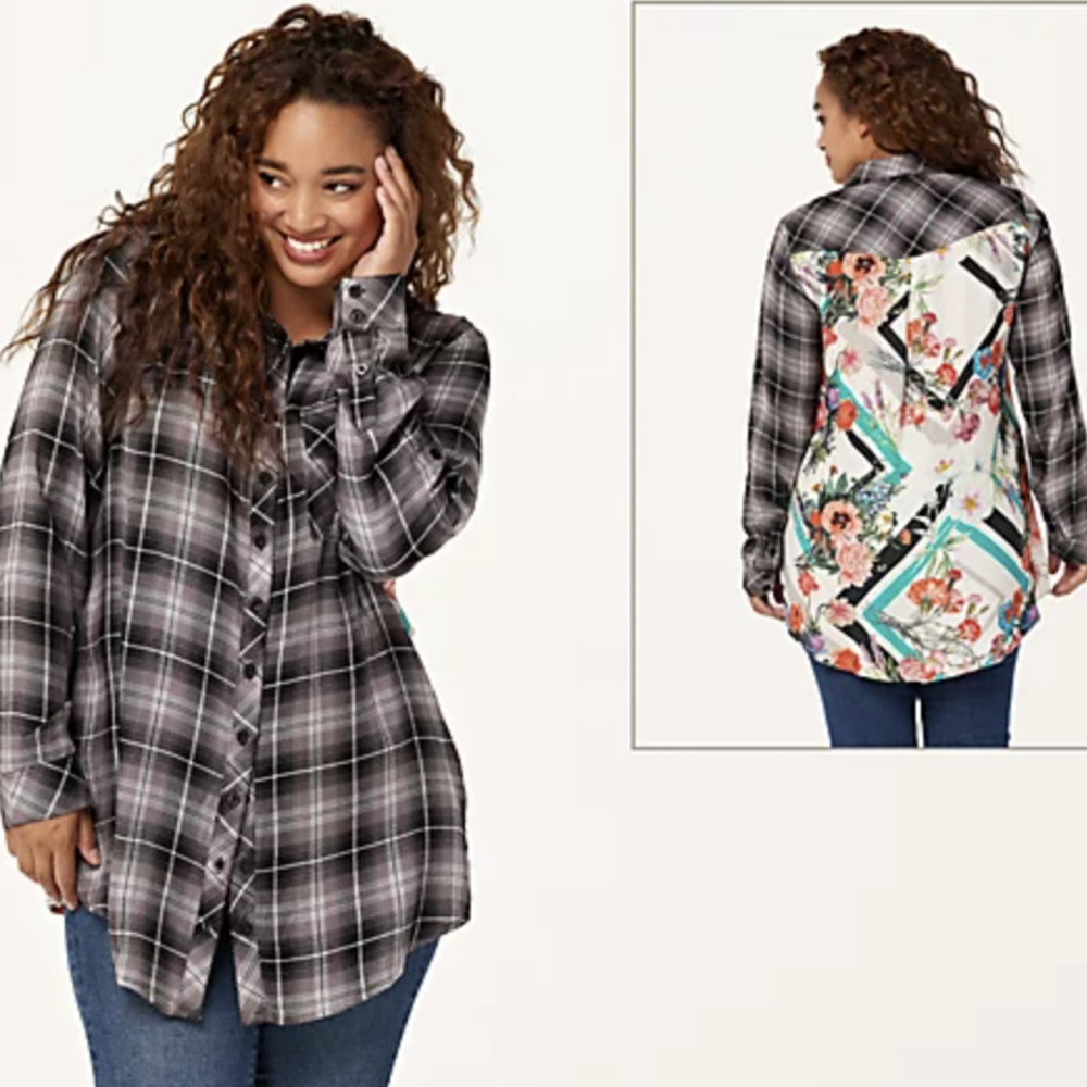 Tolani Collection Plaid Tunic with Print Back 2X